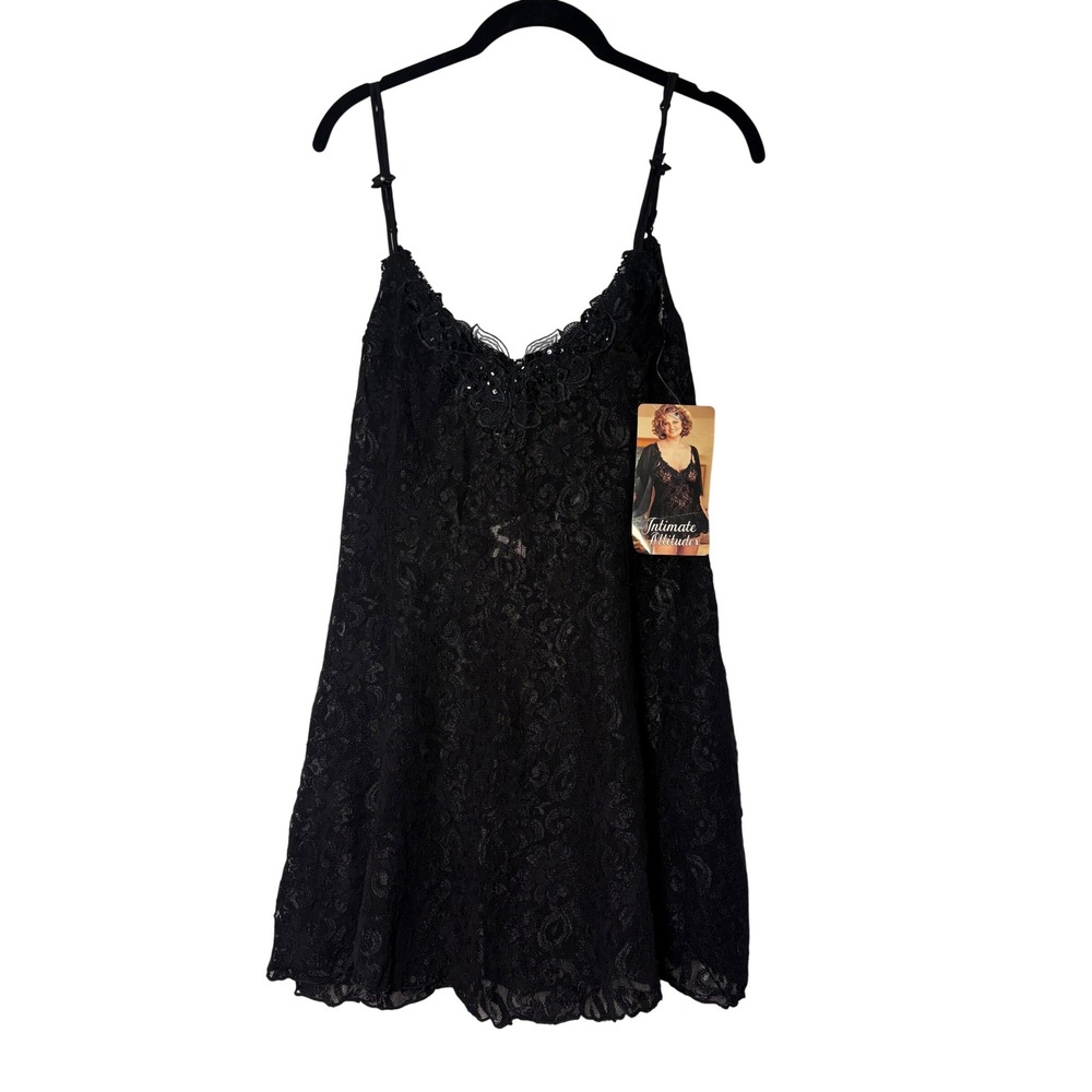 Intimate Attitudes Black Lace Chemise Babydoll 2X Vintage Style 3793 NWT USA